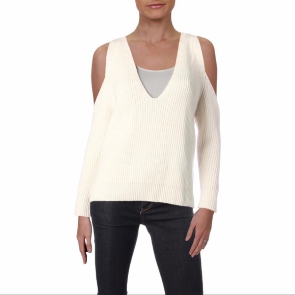 Michelle Mason Cold Shoulder Ribbed Knit Cream Sweater Size Med - Picture 1 of 7